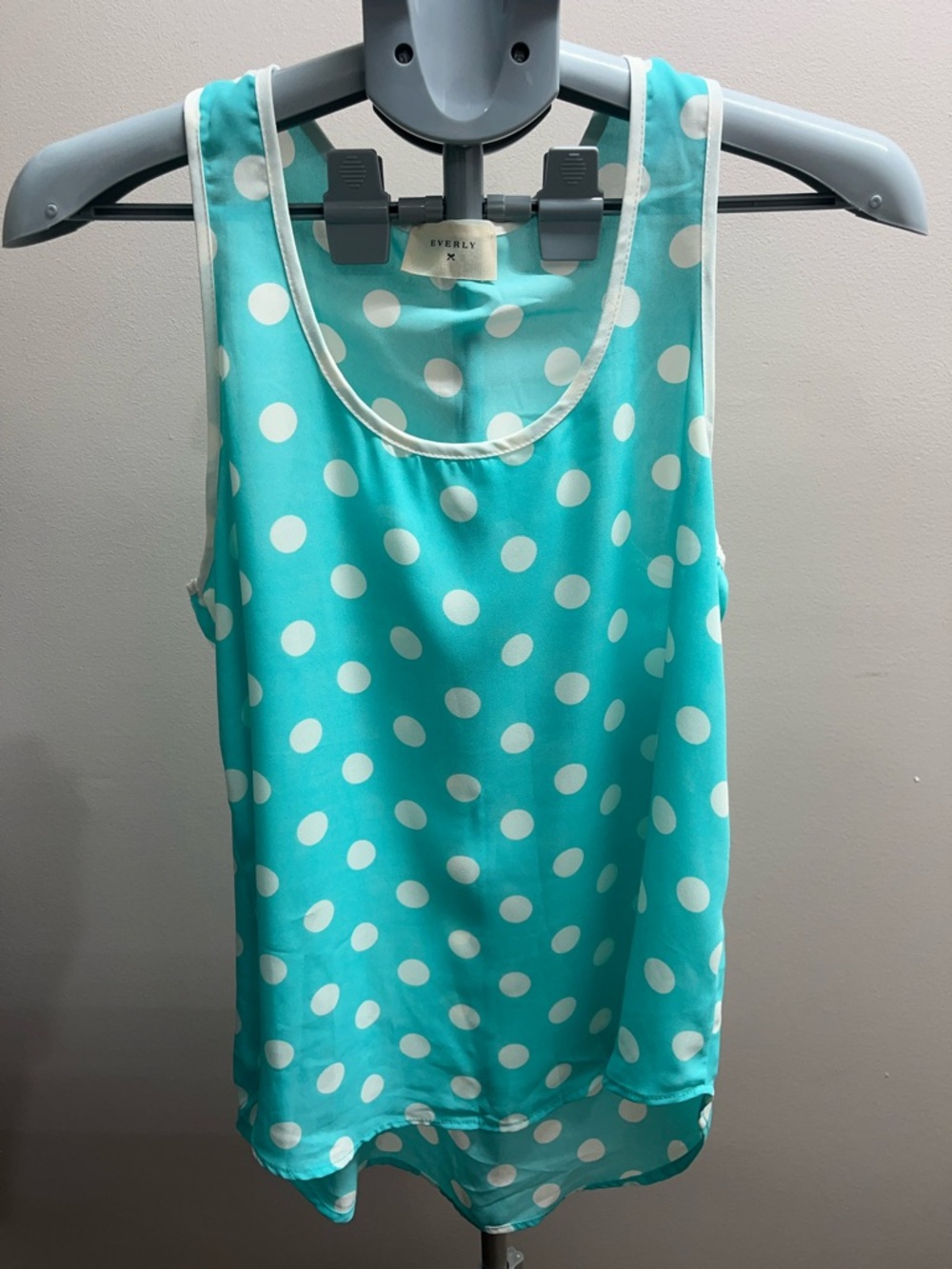 Everly Aqua Polka Dot Tank Top with White Trim